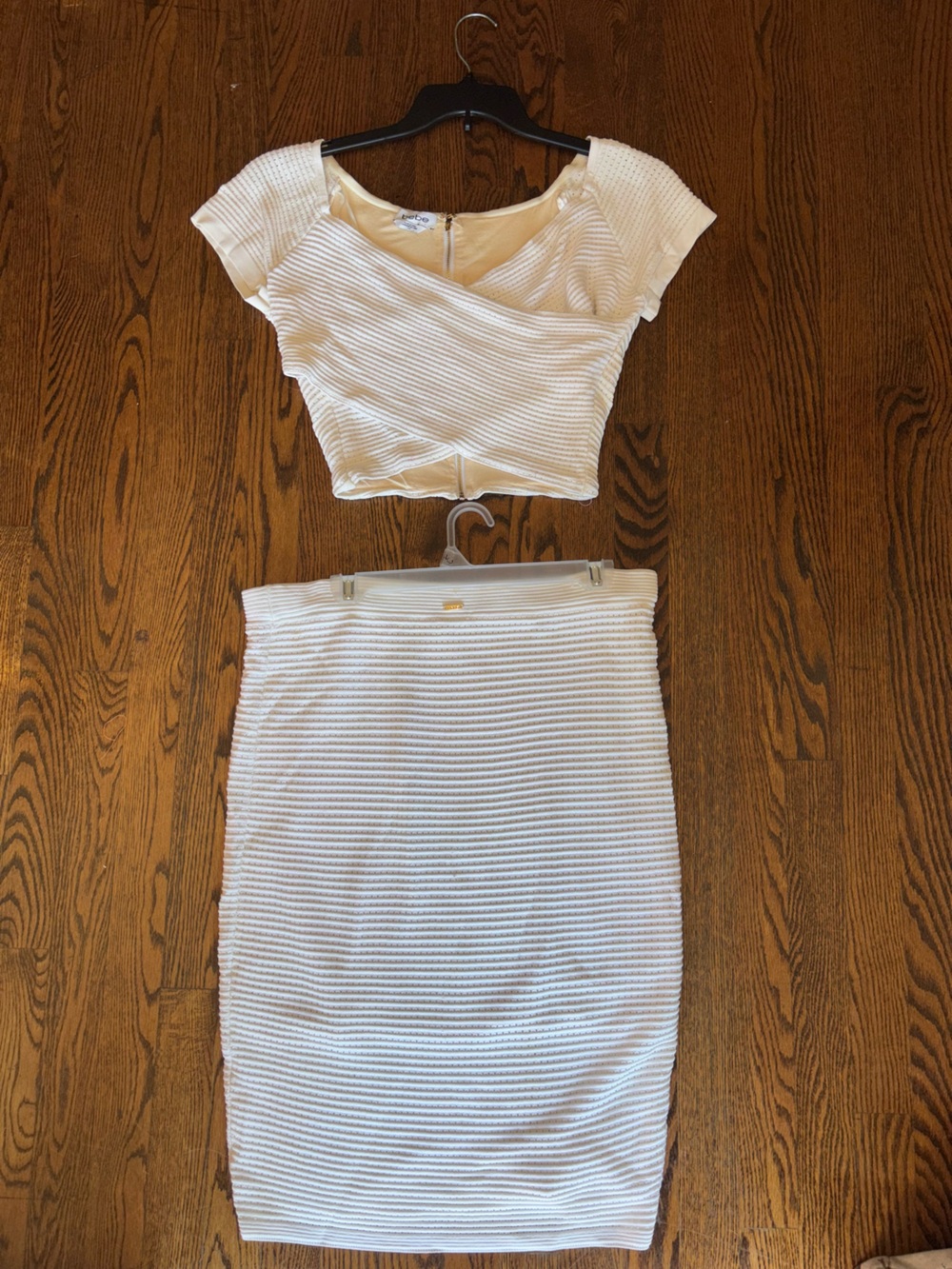 bebe beige Ribbed Two-Piece Skirt Set